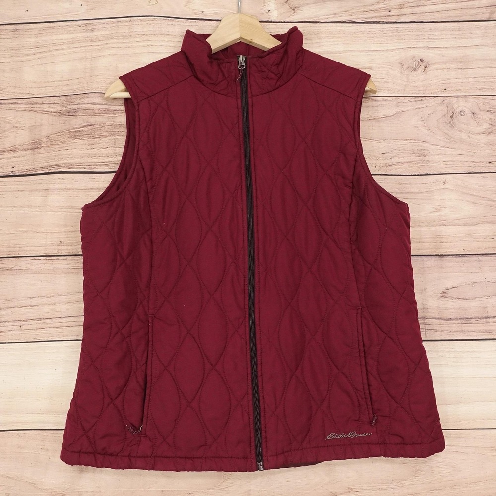 Eddie Bauer Vest Womens XL Red Quilted Full Zip Pockets Outdoors Hiking